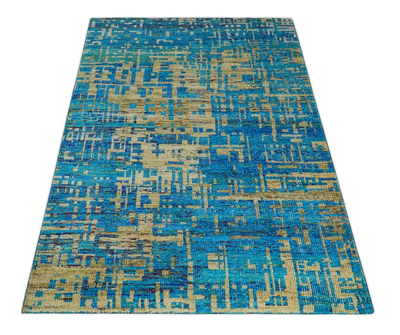 5x8 Hand Knotted Beige and Blue Modern Abstract Contemporary Recycled Silk Area Rug | OP101