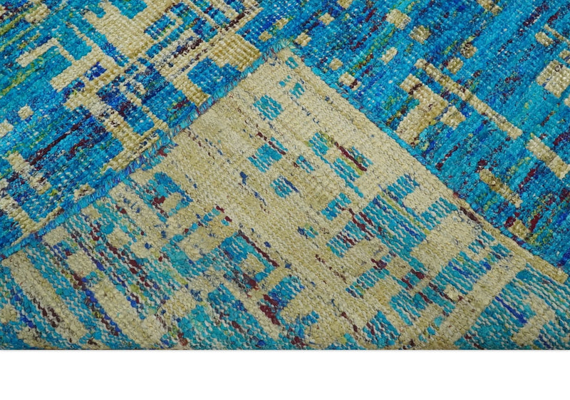 5x8 Hand Knotted Beige and Blue Modern Abstract Contemporary Recycled Silk Area Rug | OP101