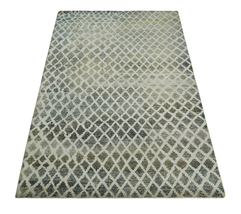 5x8 Hand Knotted Beige, Charcoal and Olive Modern Diamond Geometric Contemporary Recycled Silk Area Rug | OP87