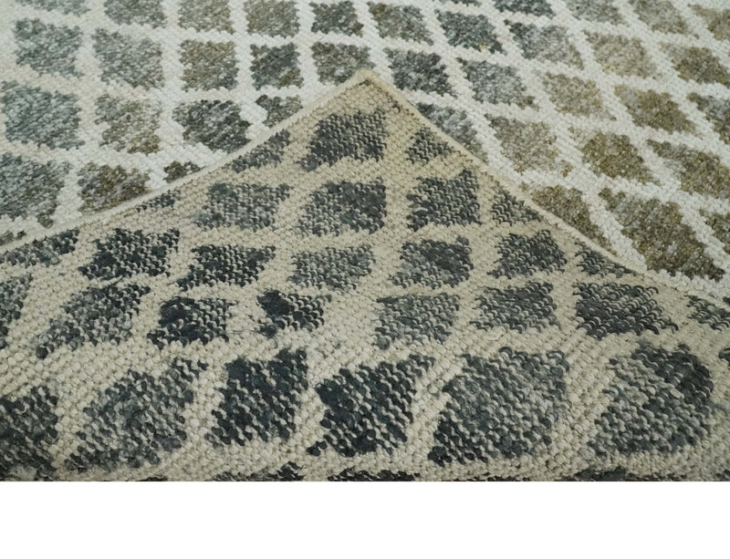 5x8 Hand Knotted Beige, Charcoal and Olive Modern Diamond Geometric Contemporary Recycled Silk Area Rug | OP87