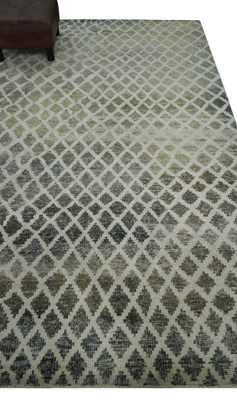 5x8 Hand Knotted Beige, Charcoal and Olive Modern Diamond Geometric Contemporary Recycled Silk Area Rug | OP87