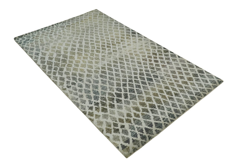 5x8 Hand Knotted Beige, Charcoal and Olive Modern Diamond Geometric Contemporary Recycled Silk Area Rug | OP87