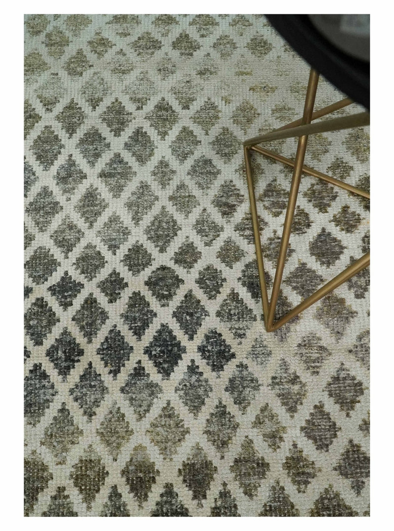 5x8 Hand Knotted Beige, Charcoal and Olive Modern Diamond Geometric Contemporary Recycled Silk Area Rug | OP87