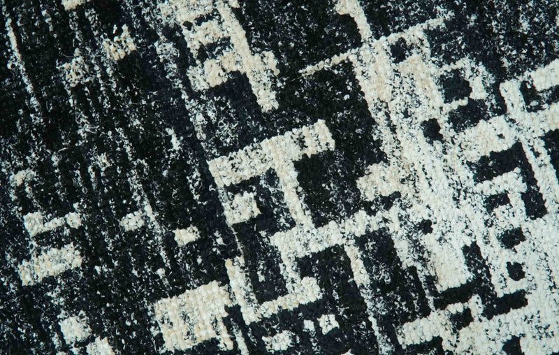 5X8 Hand Knotted Black and Ivory Modern Abstract Contemporary Recycled Silk Area Rug