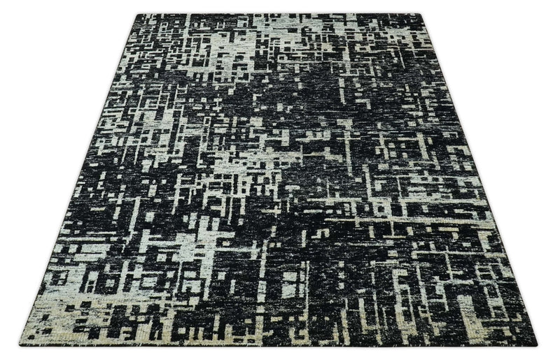 5X8 Hand Knotted Black and Ivory Modern Abstract Contemporary Recycled Silk Area Rug