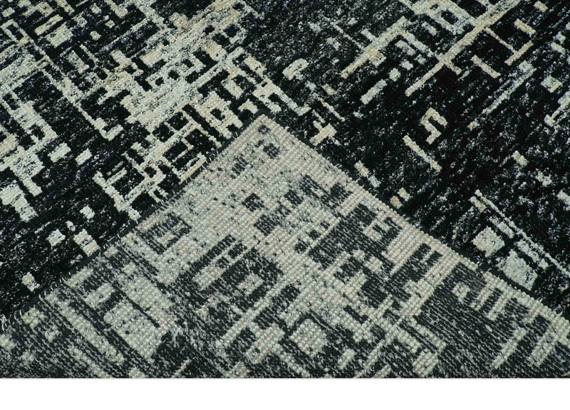 5X8 Hand Knotted Black and Ivory Modern Abstract Contemporary Recycled Silk Area Rug