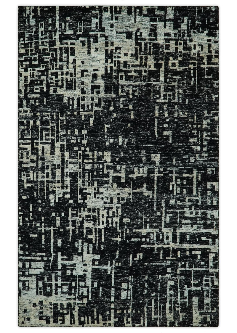 5X8 Hand Knotted Black and Ivory Modern Abstract Contemporary Recycled Silk Area Rug