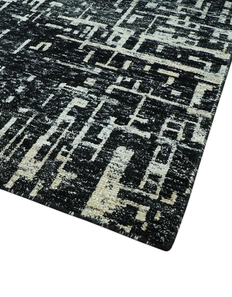 5X8 Hand Knotted Black and Ivory Modern Abstract Contemporary Recycled Silk Area Rug