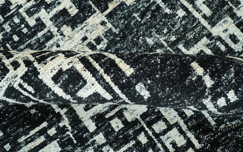 5X8 Hand Knotted Black and Ivory Modern Abstract Contemporary Recycled Silk Area Rug