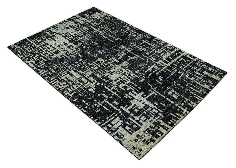 5X8 Hand Knotted Black and Ivory Modern Abstract Contemporary Recycled Silk Area Rug
