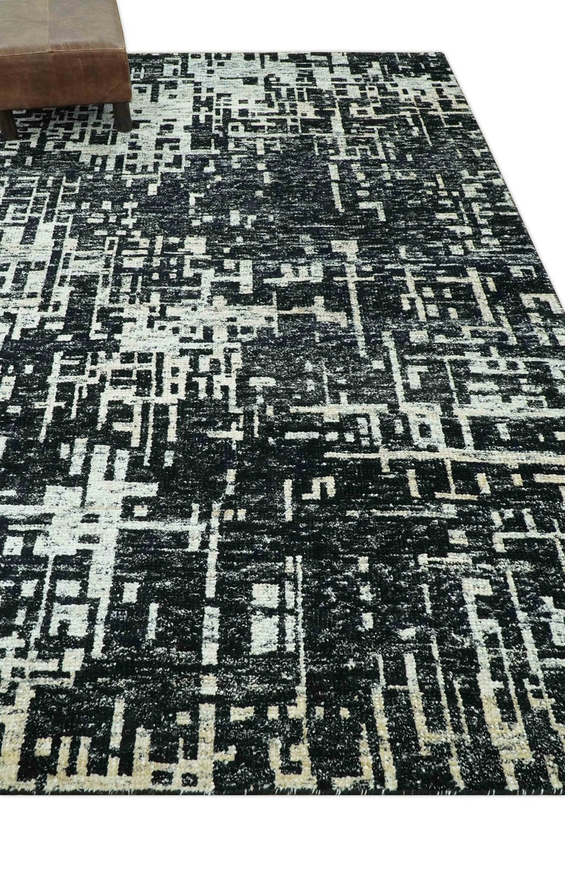5X8 Hand Knotted Black and Ivory Modern Abstract Contemporary Recycled Silk Area Rug