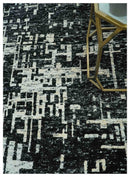 5X8 Hand Knotted Black and Ivory Modern Abstract Contemporary Recycled Silk Area Rug