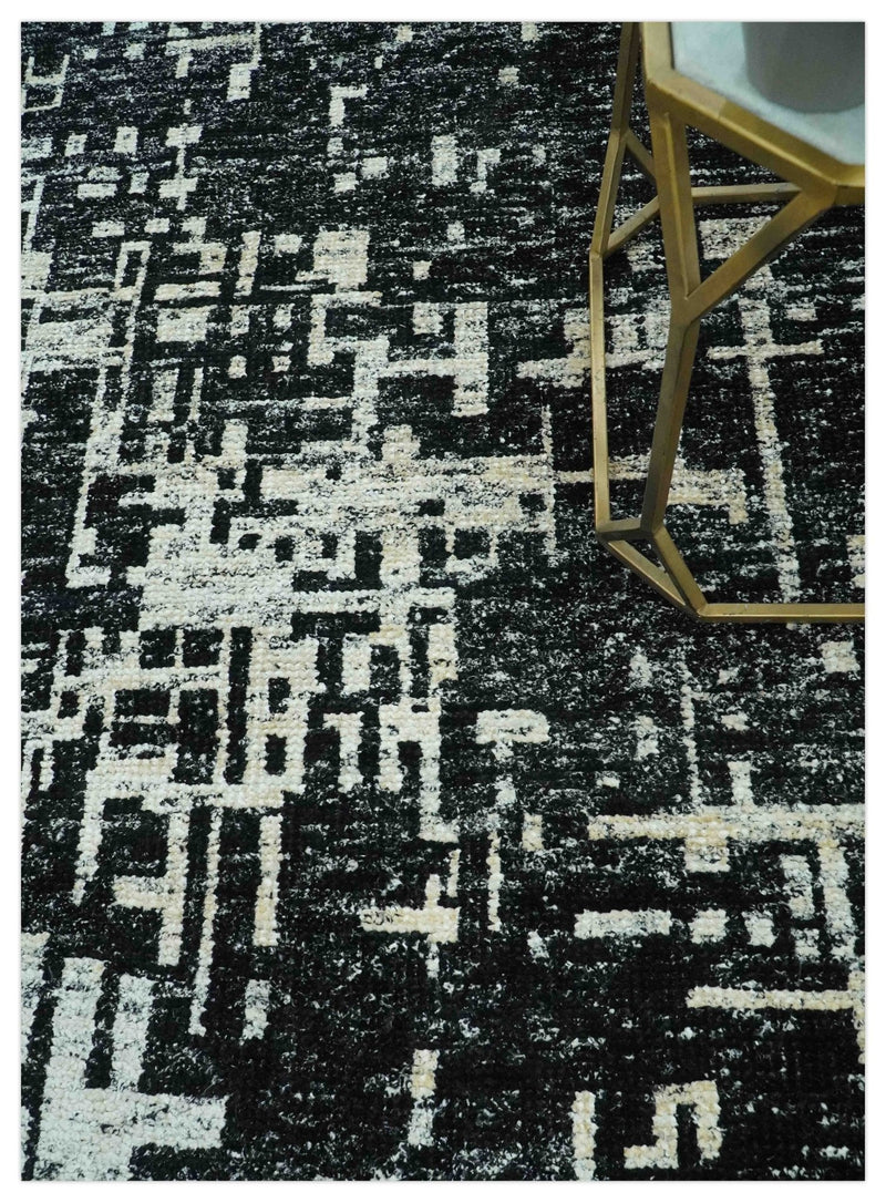 5X8 Hand Knotted Black and Ivory Modern Abstract Contemporary Recycled Silk Area Rug