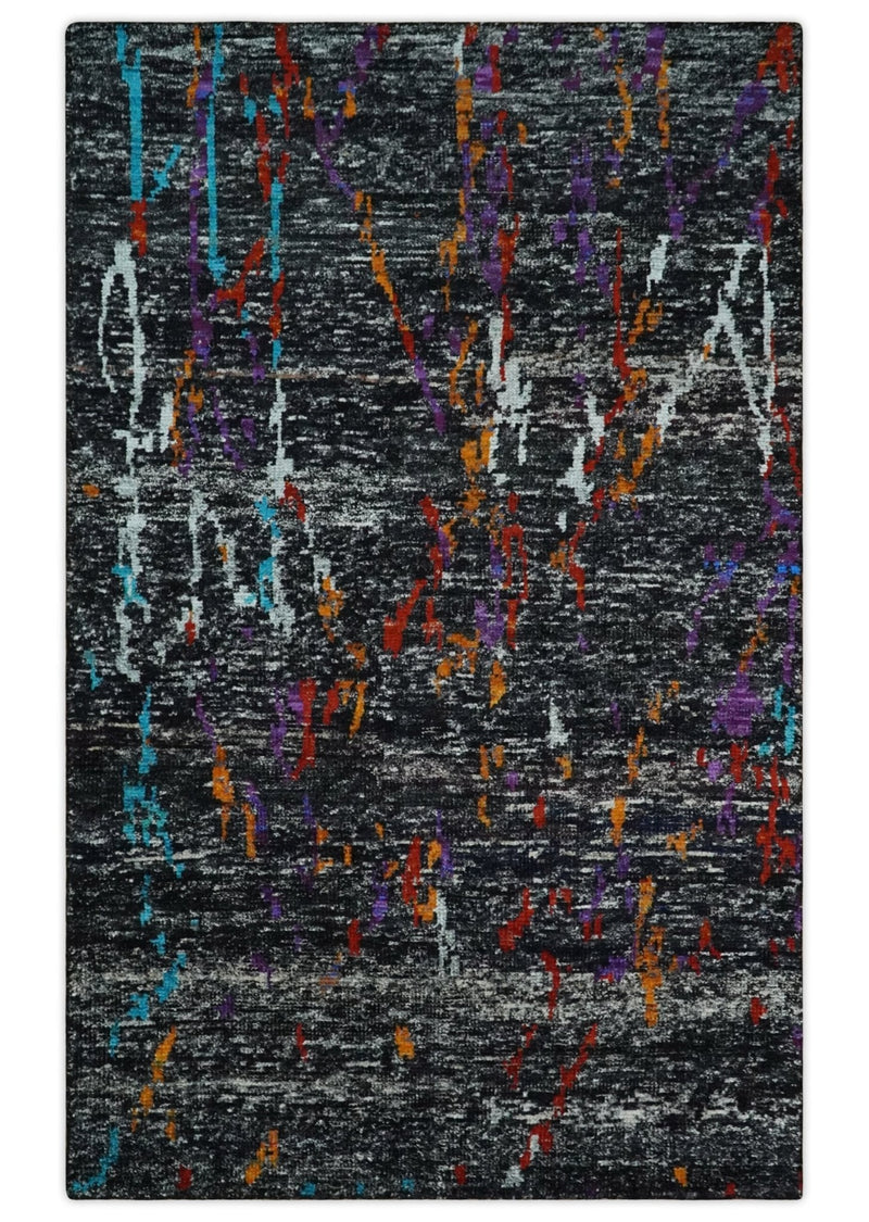 5x8 Hand Knotted Black, Ivory and Rust Modern Abstract Contemporary Recycled Silk Area Rug | OP132