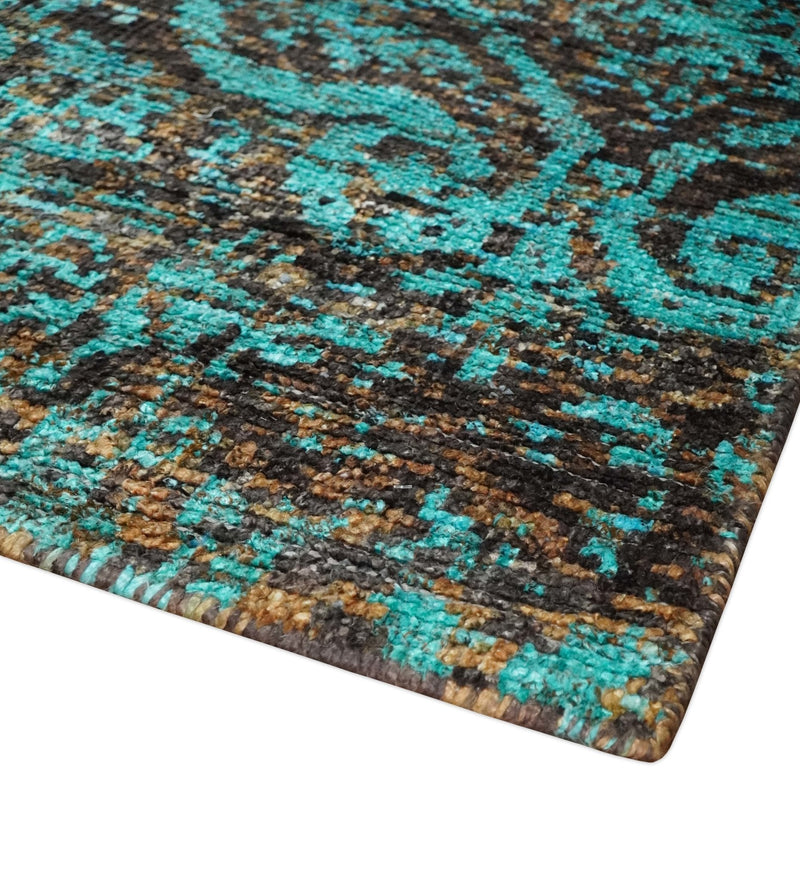 5x8 Hand Knotted Blue and Brown Modern Persian Style Contemporary Recycled Silk Area Rug | OP103