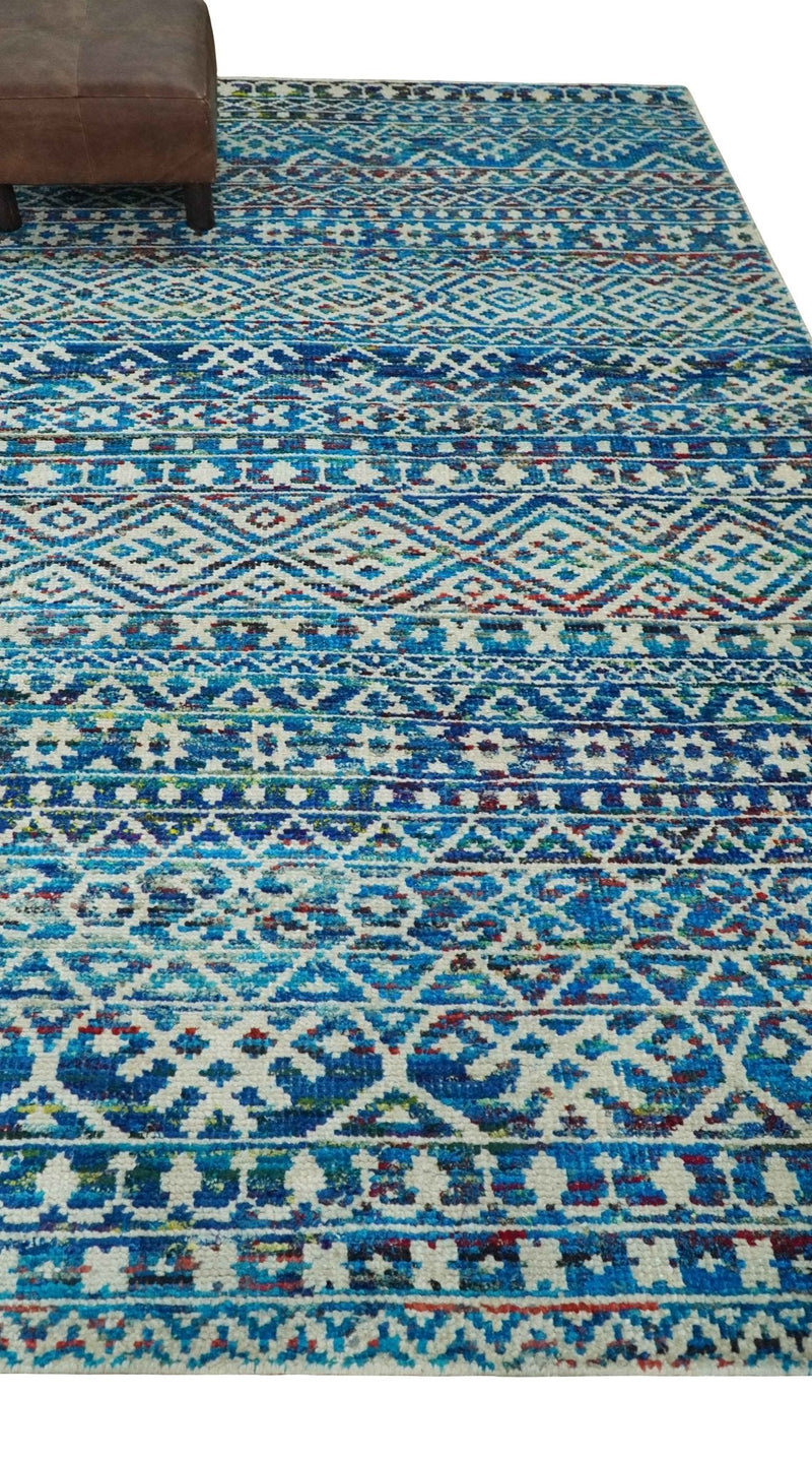 5x8 Hand Knotted Blue and Ivory Modern Contemporary Southwestern Tribal Trellis Recycled Silk Area Rug | OP80