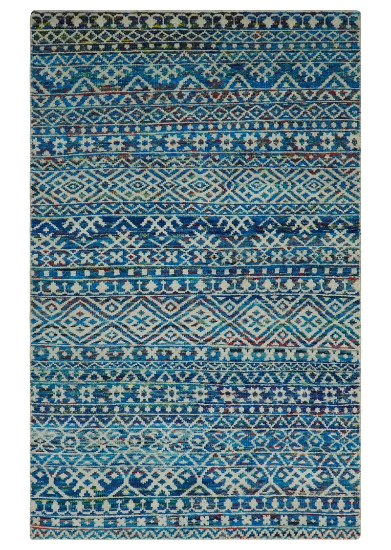 5x8 Hand Knotted Blue and Ivory Modern Contemporary Southwestern Tribal Trellis Recycled Silk Area Rug | OP80