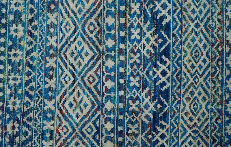 5x8 Hand Knotted Blue and Ivory Modern Contemporary Southwestern Tribal Trellis Recycled Silk Area Rug | OP80