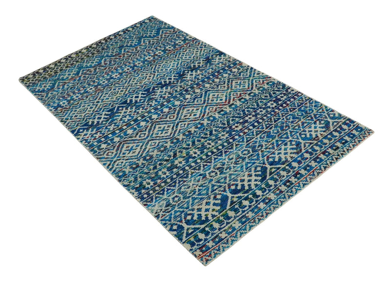 5x8 Hand Knotted Blue and Ivory Modern Contemporary Southwestern Tribal Trellis Recycled Silk Area Rug | OP80