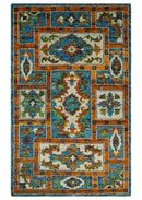 5x8 Hand Knotted Blue, Ivory and Gold Modern Persian made of Recycled Silk Area Rug | OP81