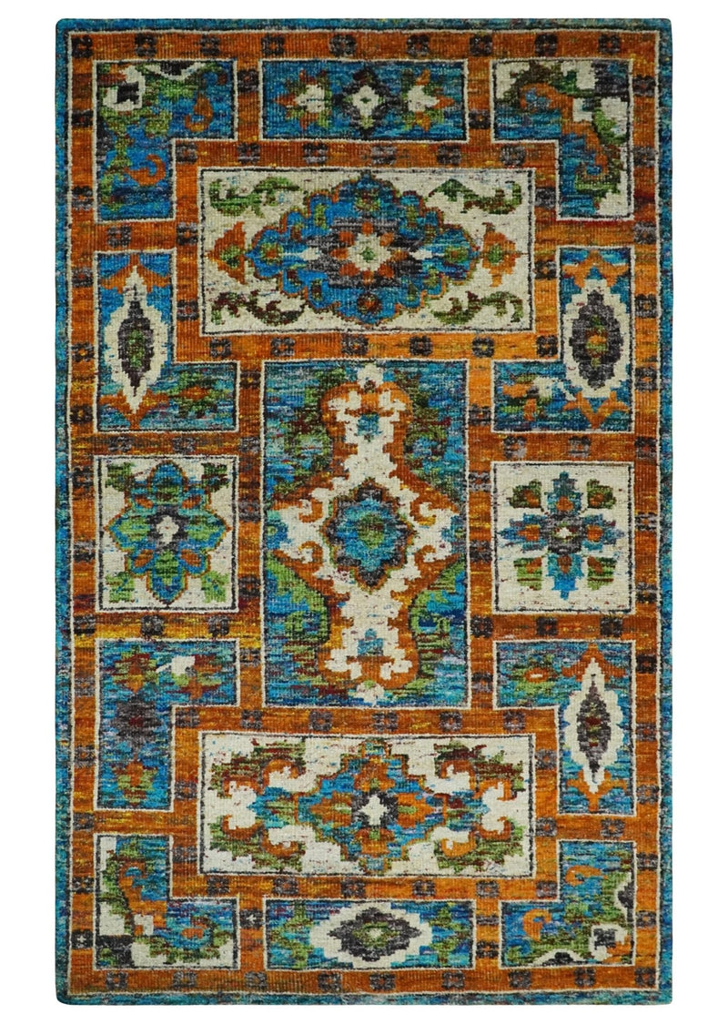 5x8 Hand Knotted Blue, Ivory and Gold Modern Persian made of Recycled Silk Area Rug | OP81