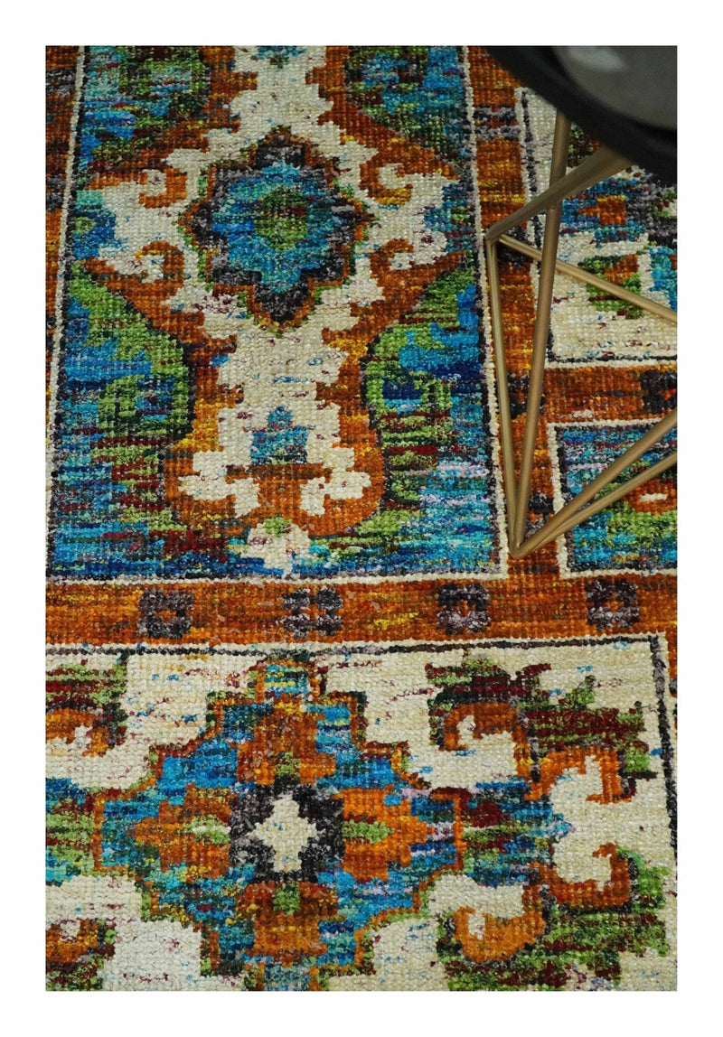 5x8 Hand Knotted Blue, Ivory and Gold Modern Persian made of Recycled Silk Area Rug | OP81