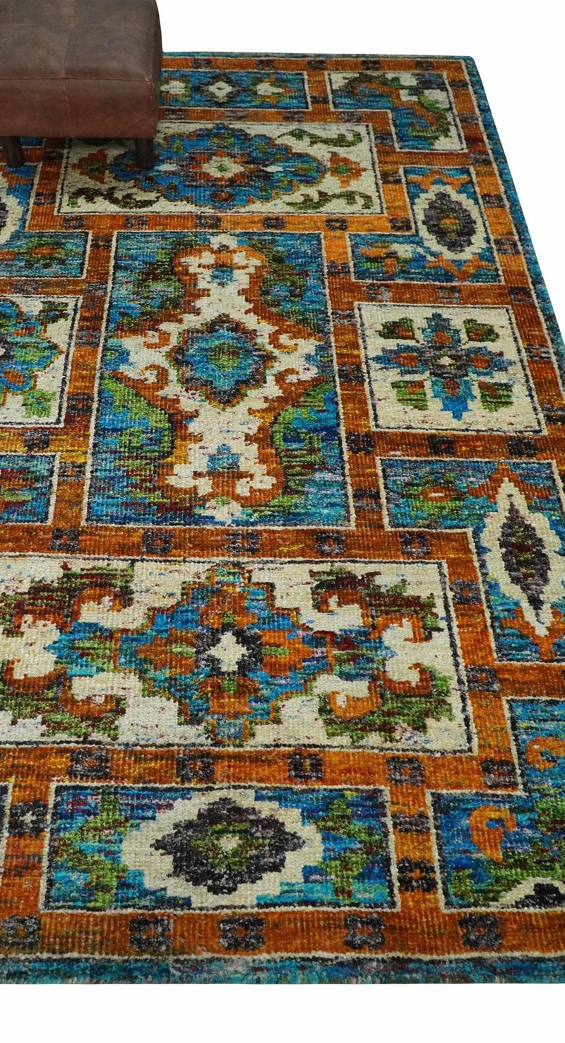 5x8 Hand Knotted Blue, Ivory and Gold Modern Persian made of Recycled Silk Area Rug | OP81