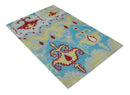 Hand Knotted Blue and Red Recycled Silk Area Rug 5x8 Antique Persian