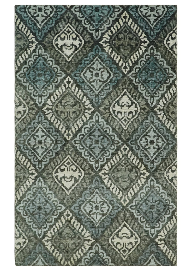 5x8 Hand Knotted Charcoal, Blue and  Ivory Antique Persian Style Contemporary Bamboo Silk Area Rug | OP88