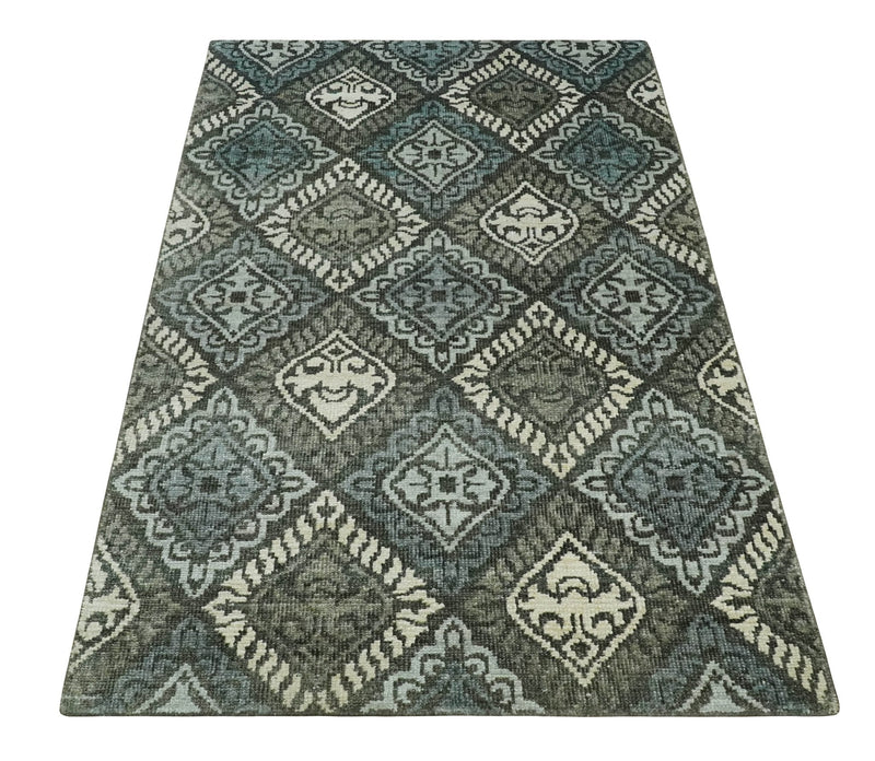 5x8 Hand Knotted Charcoal, Blue and  Ivory Antique Persian Style Contemporary Bamboo Silk Area Rug | OP88