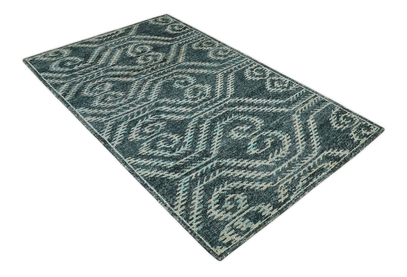 5x8 Hand Knotted Dark Teal and Ivory Modern Contemporary Southwestern Tribal Trellis Recycled Silk Area Rug | OP115