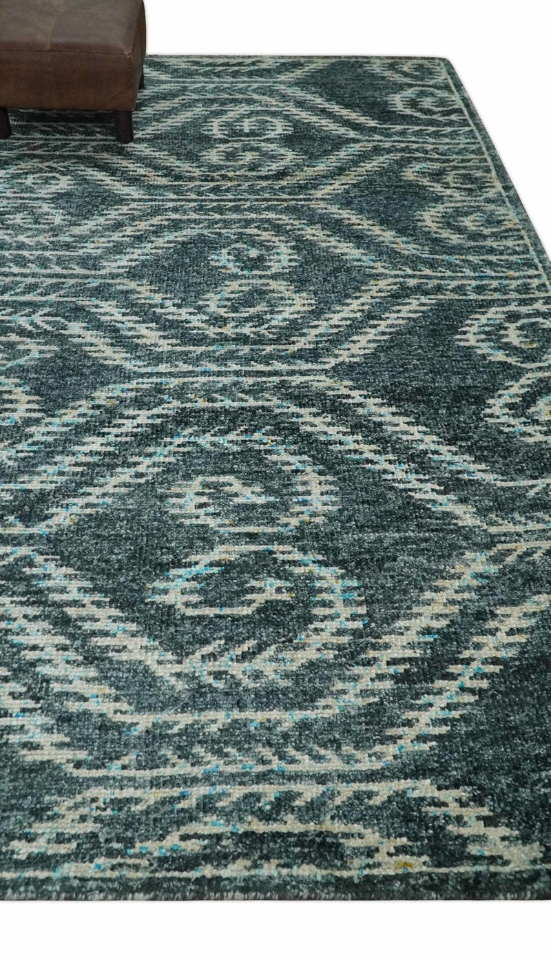 5x8 Hand Knotted Dark Teal and Ivory Modern Contemporary Southwestern Tribal Trellis Recycled Silk Area Rug | OP115