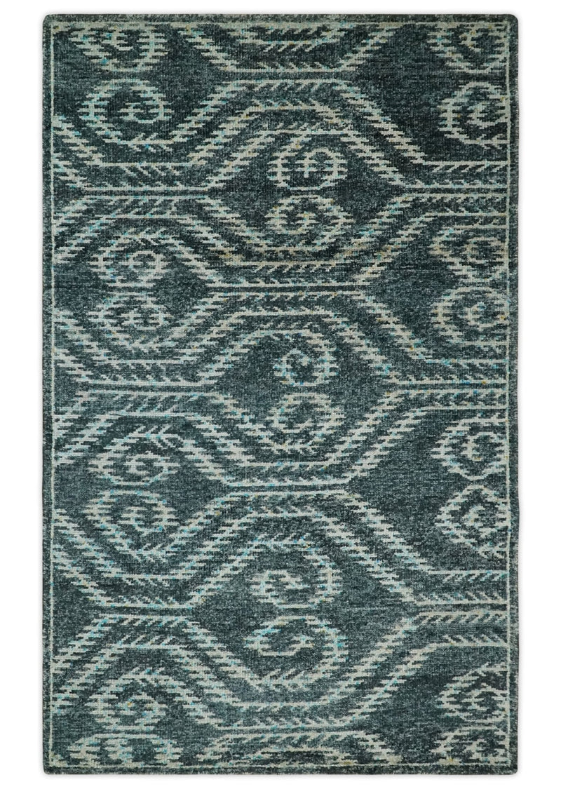 5x8 Hand Knotted Dark Teal and Ivory Modern Contemporary Southwestern Tribal Trellis Recycled Silk Area Rug | OP115