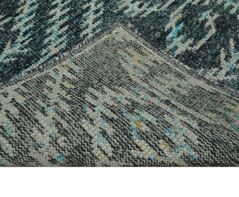 5x8 Hand Knotted Dark Teal and Ivory Modern Contemporary Southwestern Tribal Trellis Recycled Silk Area Rug | OP115