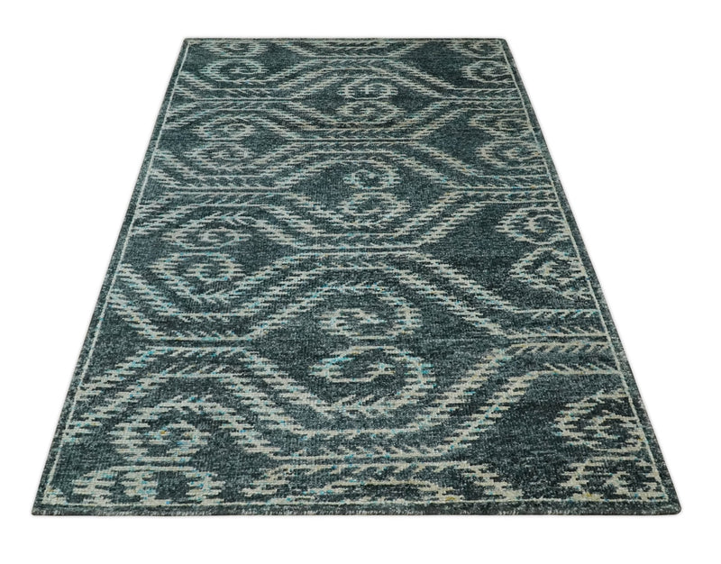 5x8 Hand Knotted Dark Teal and Ivory Modern Contemporary Southwestern Tribal Trellis Recycled Silk Area Rug | OP115