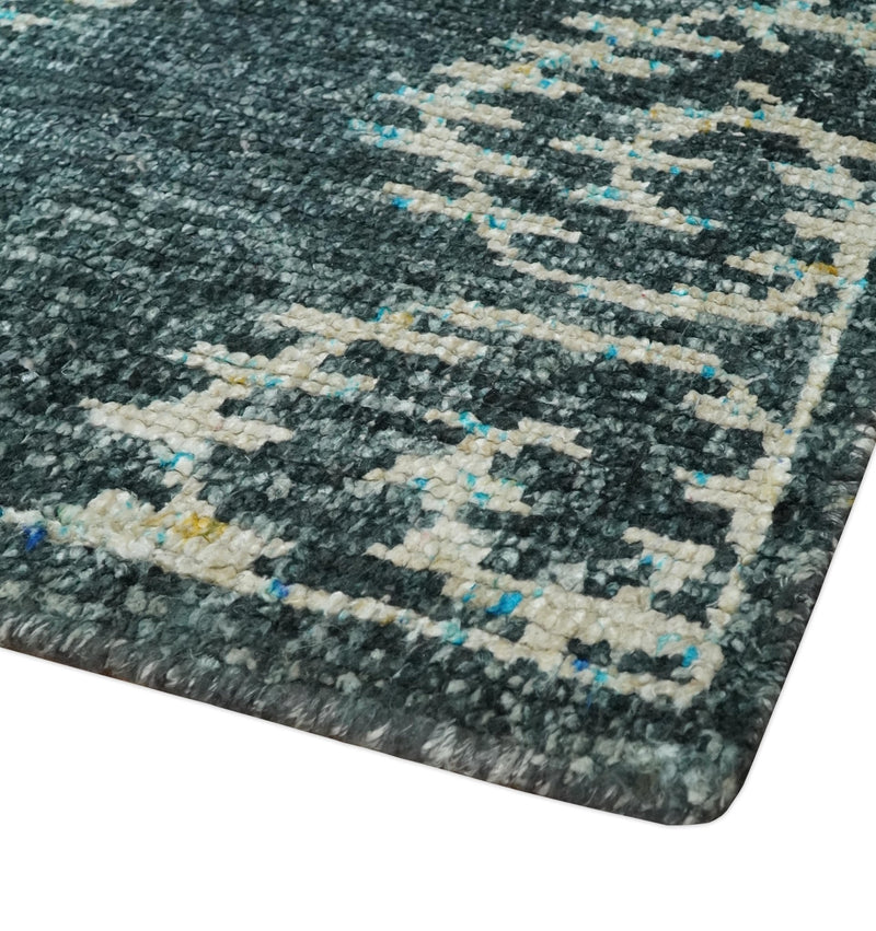 5x8 Hand Knotted Dark Teal and Ivory Modern Contemporary Southwestern Tribal Trellis Recycled Silk Area Rug | OP115