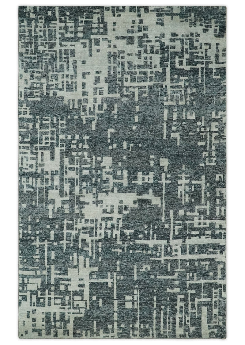 5x8 Hand Knotted Gray, Charcoal and Ivory Modern Abstract Contemporary Recycled art silk Area Rug