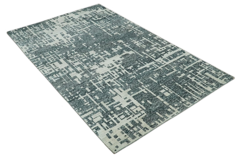 5x8 Hand Knotted Gray, Charcoal and Ivory Modern Abstract Contemporary Recycled art silk Area Rug