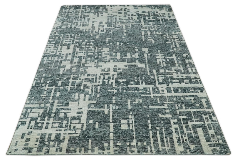 5x8 Hand Knotted Gray, Charcoal and Ivory Modern Abstract Contemporary Recycled art silk Area Rug