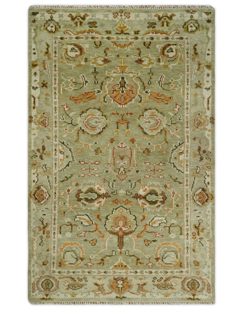 Custom Made Hand Knotted Olive and beige Traditional Vintage Style Antique Wool Rug