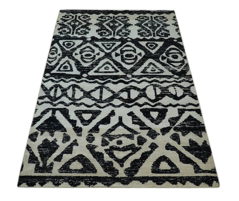 5x8 Hand Knotted Ivory and Black Antique Persian Style Contemporary Recycled Silk Area Rug | OP117