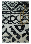 Hand Knotted Ivory and Black Antique Recycled Silk Area Rug 5x8