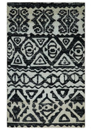 Hand Knotted Ivory and Black Antique Design Contemporary Recycled Silk Area Rug