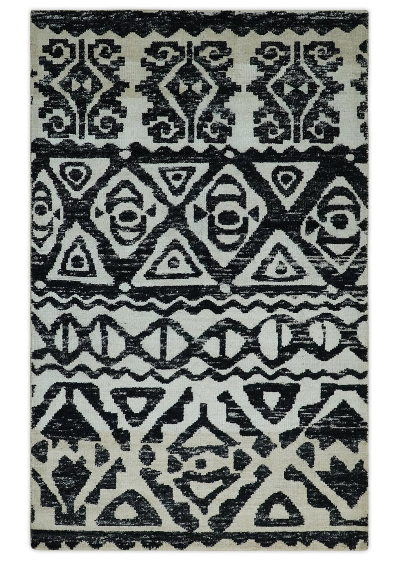 5x8 Hand Knotted Ivory and Black Antique Persian Style Contemporary Recycled Silk Area Rug | OP117