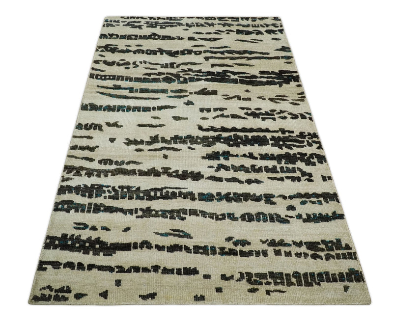 5x8 Hand Knotted Ivory and Brown Modern Abstract Contemporary Recycled Silk Area Rug | OP105