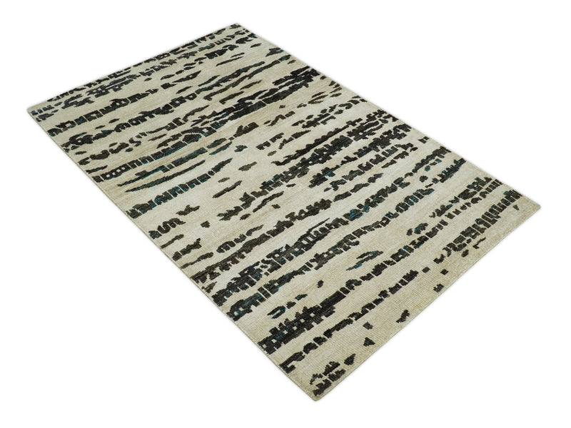 5x8 Hand Knotted Ivory and Brown Modern Abstract Contemporary Recycled Silk Area Rug | OP105