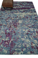 Hand Knotted Area Rug Modern Abstract Ivory Blue Purple Silk 5x8