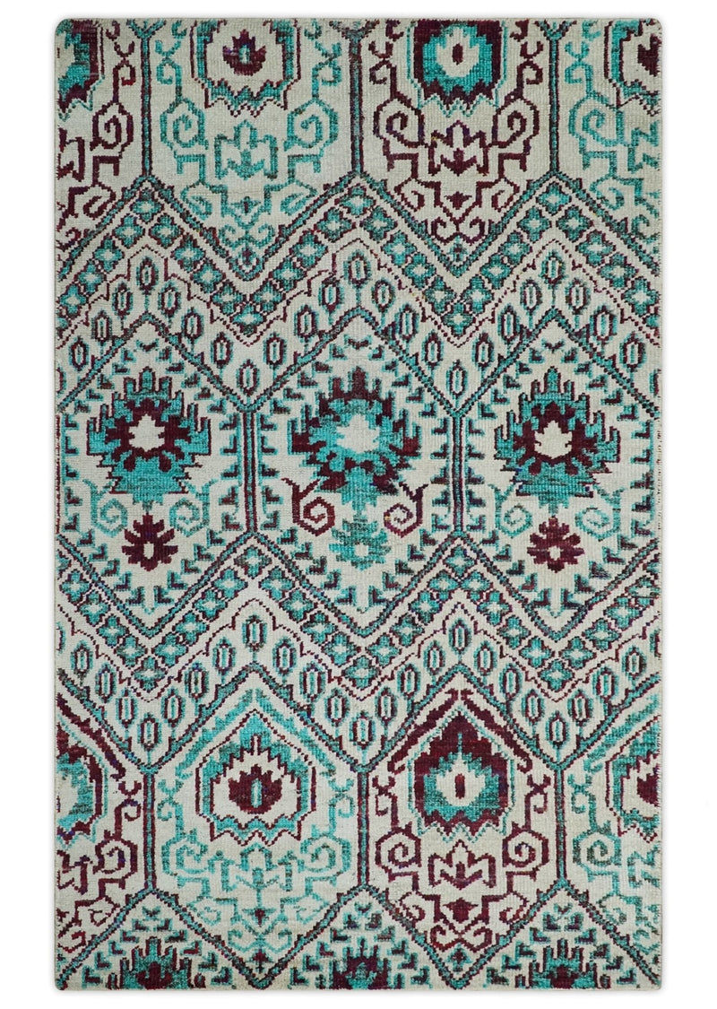 5x8 Hand Knotted Ivory, Blue and Red Antique Persian Style Contemporary Bamboo Silk Area Rug | OP114