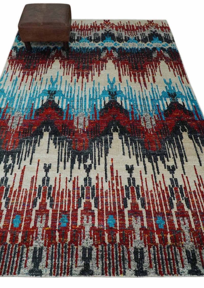 5x8 Hand Knotted Ivory, Blue and Red Modern Abstract Contemporary Recycled Silk Area Rug | OP99