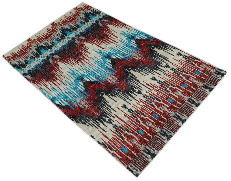 5x8 Hand Knotted Ivory, Blue and Red Modern Abstract Contemporary Recycled Silk Area Rug | OP99